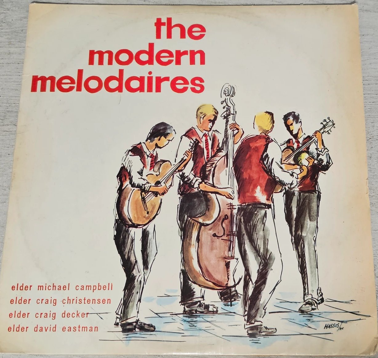 LP cover of The Modern Melodaires: a watercolour of four young men in red waistcoats playing guitar, double bass and mandolin, with the names of the four Elders.